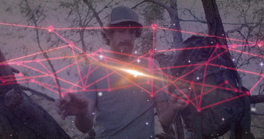 Adventurous Explorer Interacting with Futuristic Digital Web in Twilight Forest