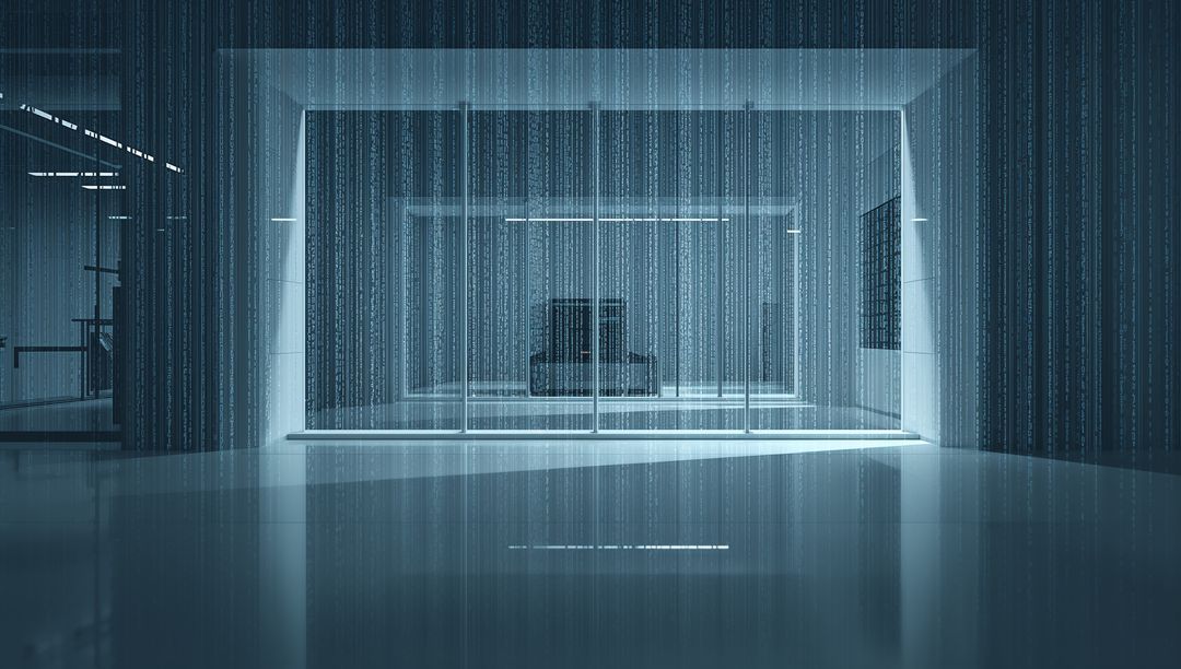 Glowing Glass-Walled Meeting Room Featuring Digital Rain and Futuristic Tech Interior