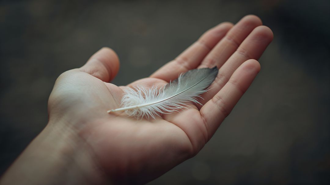 Right Hand Holding Delicate Feather on Soft Neutral Background Minimalist Close-Up Serenity