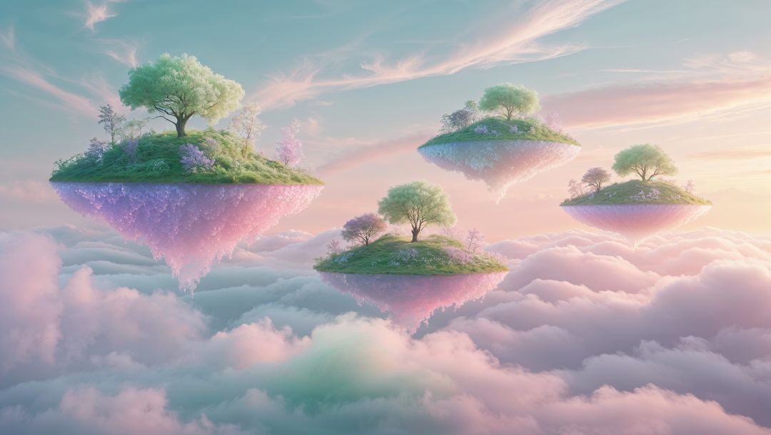 Ethereal Green Islands Floating Above Lavender Clouds