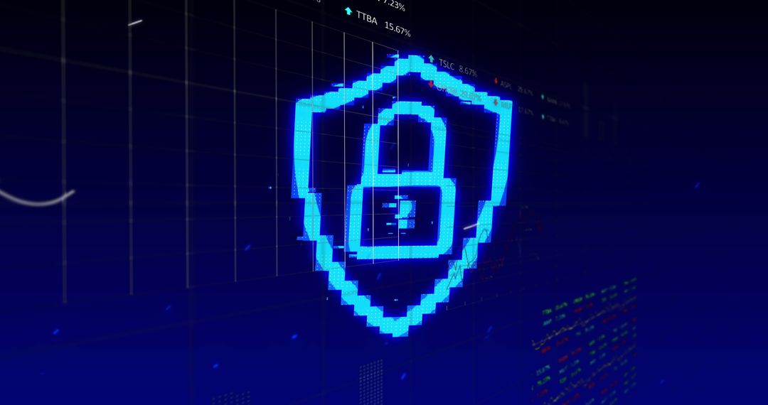 Digital Security Shield with Stock Market Background