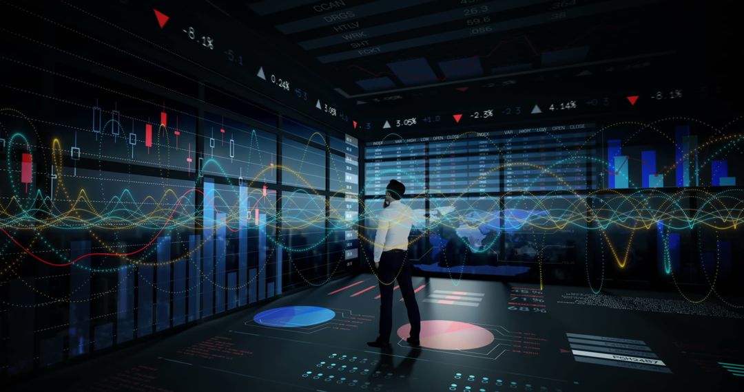 Businessman Analyzing Complex Data in Futuristic Tech Room