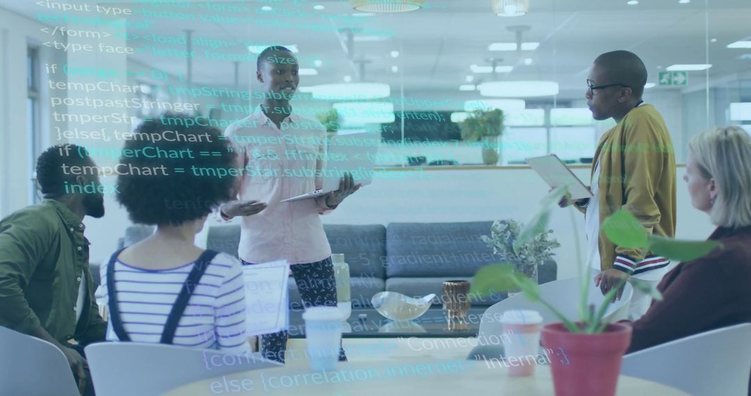 Diverse Team Collaborating in Modern Office Lounge with Digital Overlay