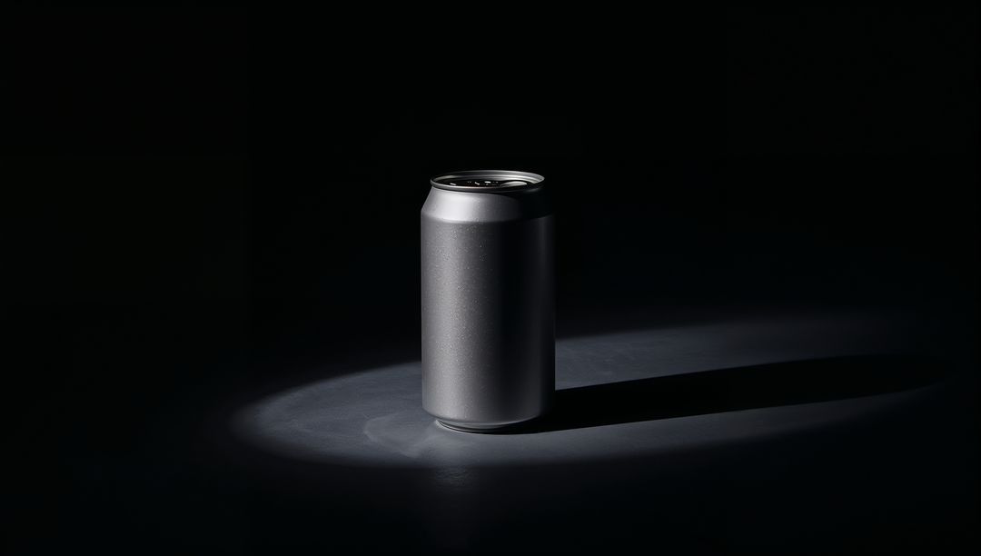 Minimalist Metallic Beverage Can Under Spotlight