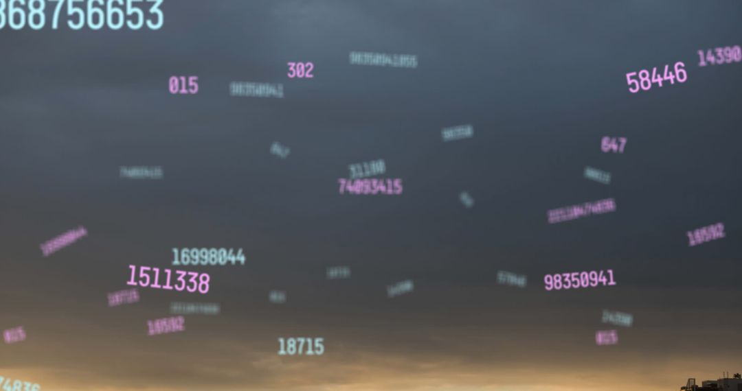 Floating Digital Numbers Over Urban Skyline at Dusk