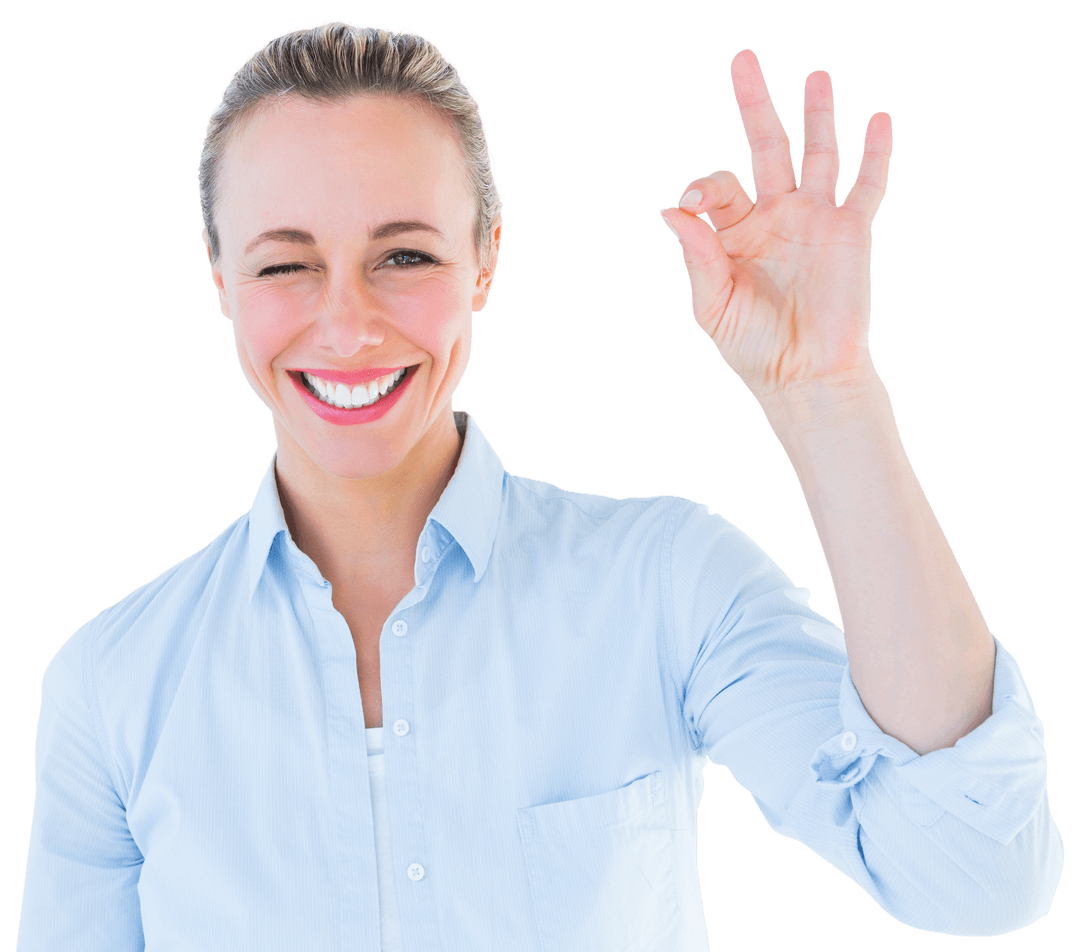 Smiling Blonde Woman with OK Gesture Transparent Background