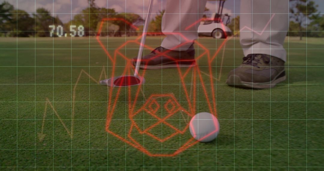 Golfer Preparing Precise Putt on Putting Green Grid Overlay