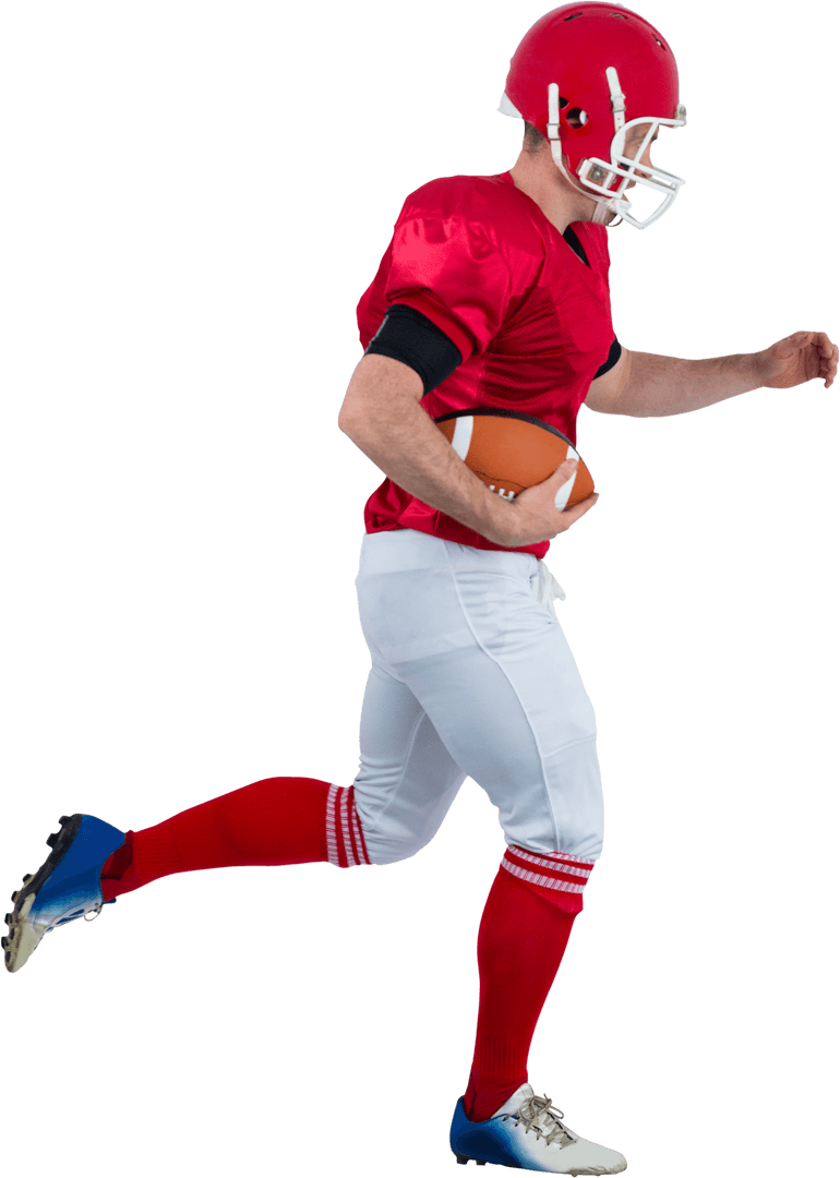 American Football Player in Red Uniform Running with Football Transparent Background