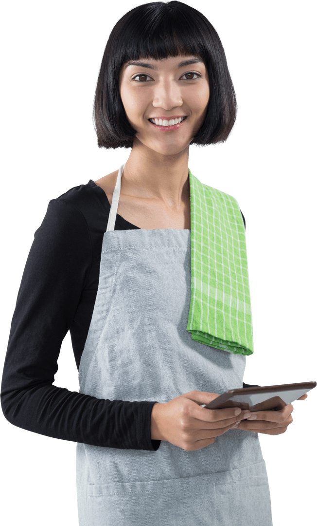 Transparent Portrait of Smiling Waitress Holding Digital Tablet