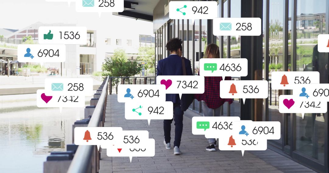 Walking by Waterfront with Social Media Notifications Overlay