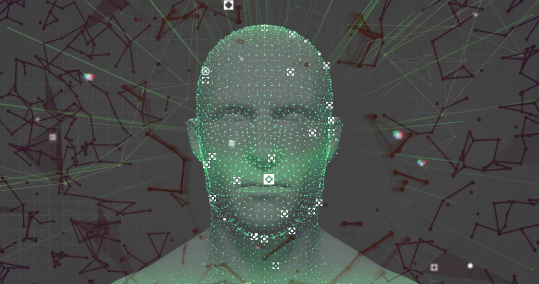 Futuristic Digital Head Mesh with Data Nodes and Network Lines