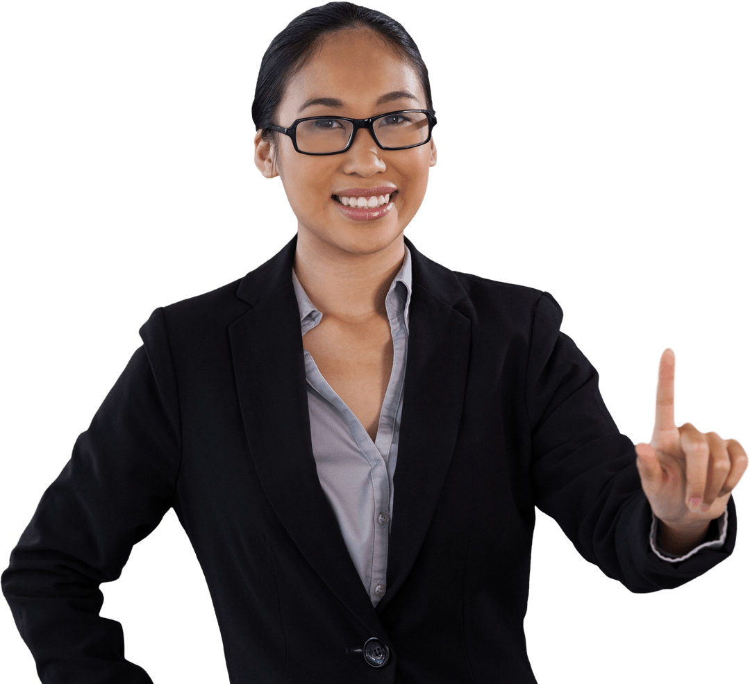 Smiling Businesswoman Pointing Transparent Digital Interface