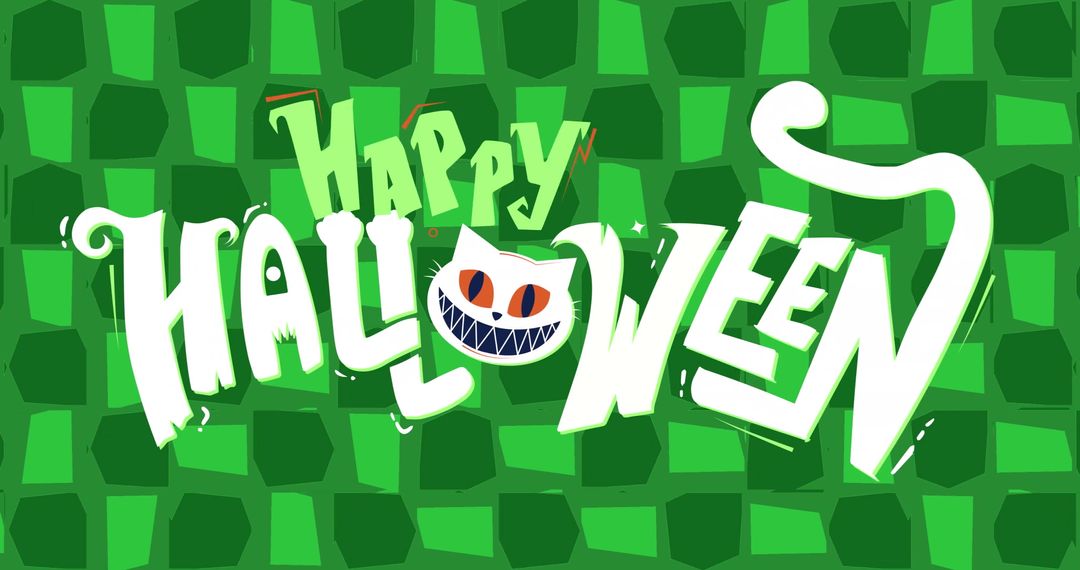 Happy Halloween Greeting Card with Smiling Cat on Green Background