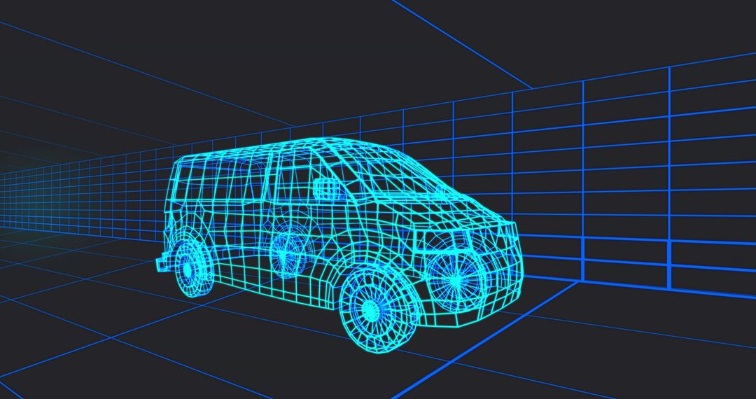 Cyan wireframe van rotating on neon 3D grid with vanishing point perspective