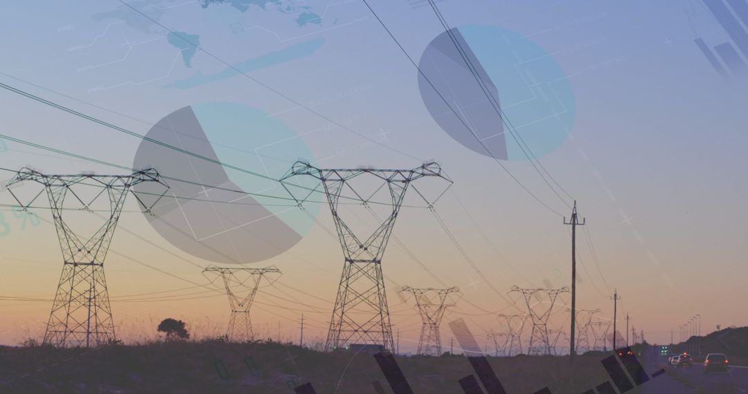 Sunset Power Lines and Graph Overlay Depicting Energy Trends