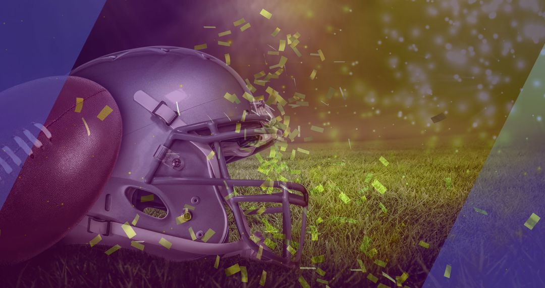 Celebration Night on Football Field with Helmet and Confetti