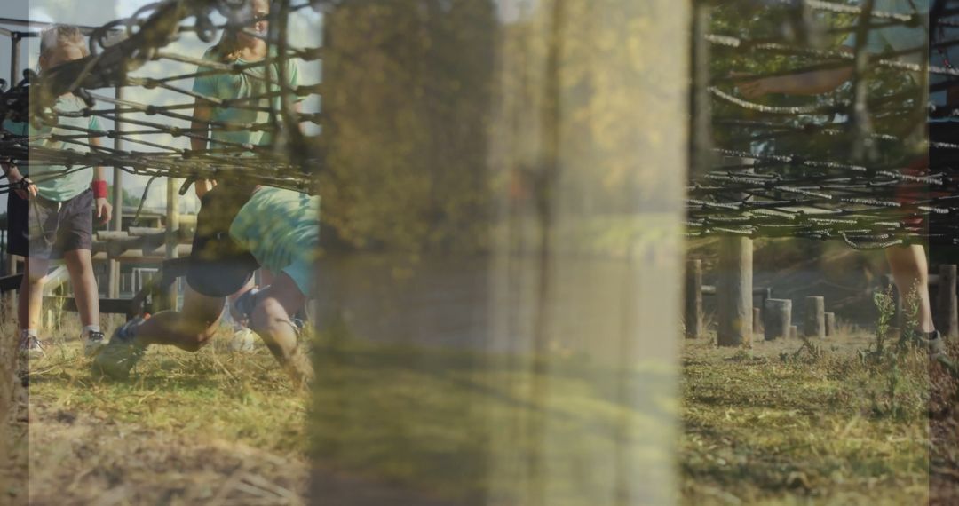 Children Enjoying Team Building Exercise on Rope Course