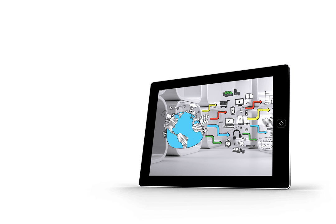 Interactive Earth Concept with Creative Icons on Transparent Tablet Screen