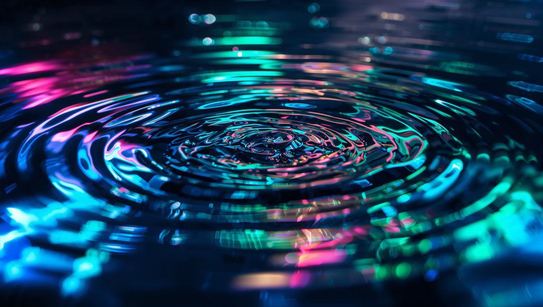 Neon Water Ripple Reflecting Teal Magenta Lights, Iridescent Concentric Rings and Bokeh