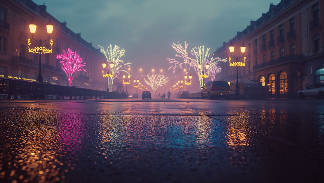 Festive Trees Illuminating Wet Urban Boulevard at Dusk