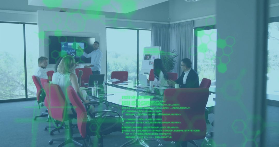 Team Collaborating on Strategy with Digital Display in Modern Conference Room