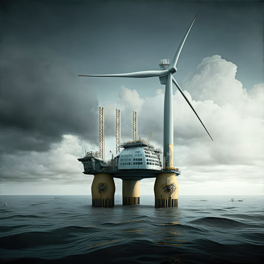 Offshore Wind Turbine and Oil Rig in Open Ocean - Free Images, Stock Photos and Pictures on Pikwizard.com