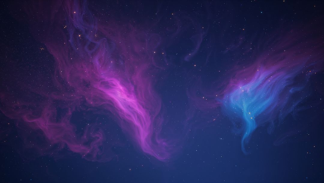 Glowing Magenta Nebula Curling While Cyan Nebula Drifting Through Deep Starfield