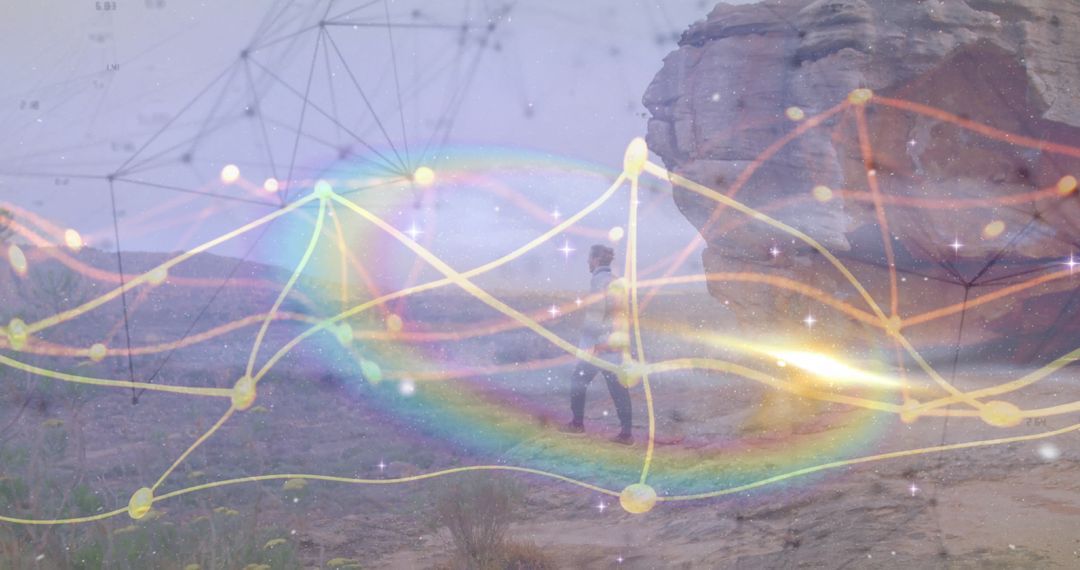 Man Walking in Desert with Digital Network Overlay
