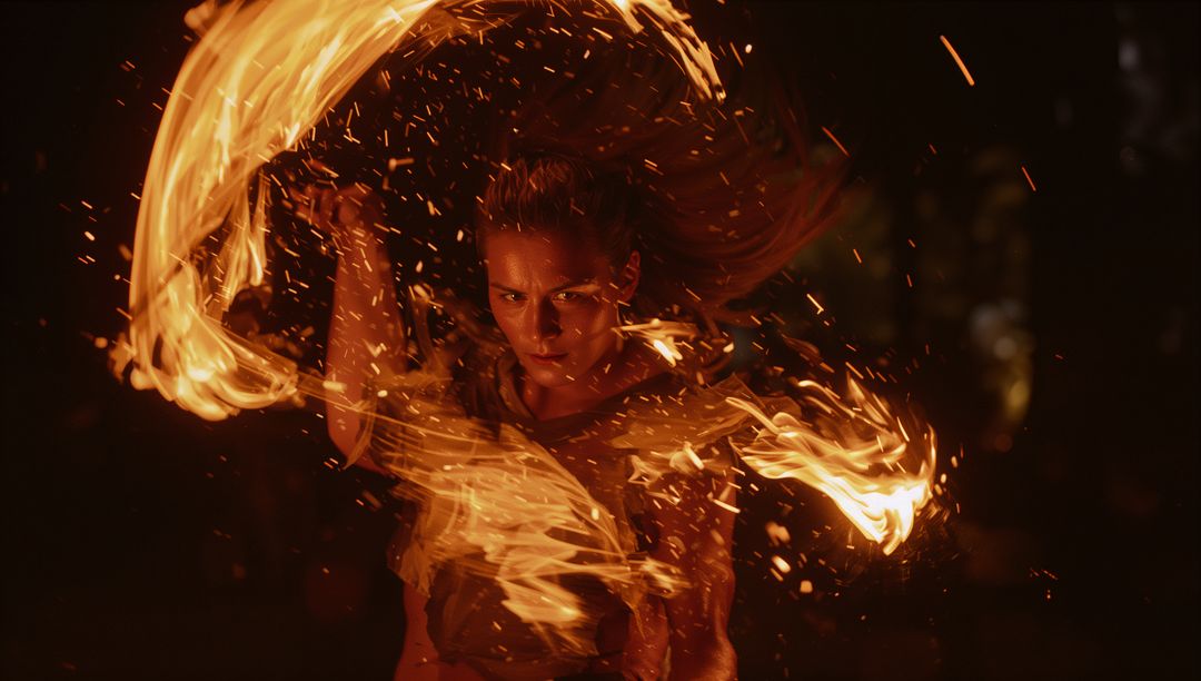 Dynamic Fire Dancer Twirling Flaming Poi Lighting Night