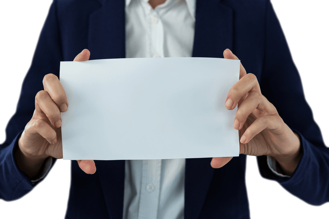 Businesswoman Holding Blank Transparent Paper for Advertisement Concept