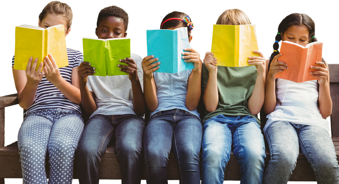 Diverse Children Enjoying Books on Park Bench Transparent Background - Download Free Stock Images Pikwizard.com