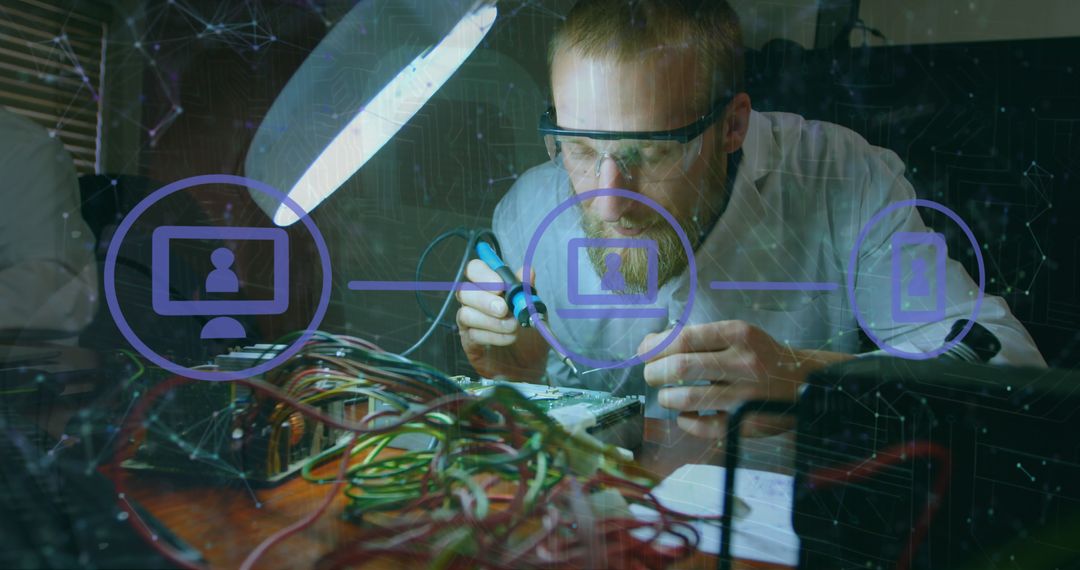 Image of network of digital icons over caucasian male engineer soldering electric circuit board - Free Images, Stock Photos and Pictures on Pikwizard.com