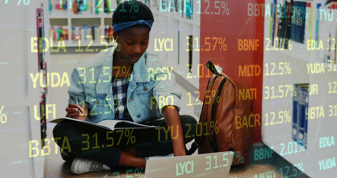 Student Studying with Laptop and Notebook in Library Aisle with Financial Data Overlay