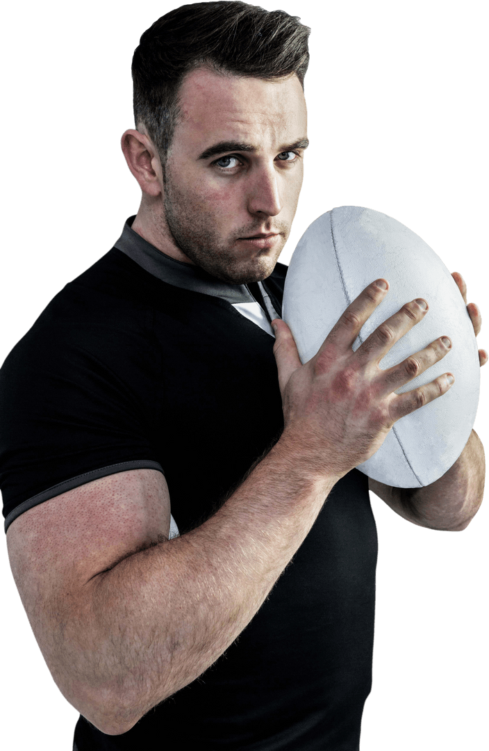 Tough Rugby Player Holding Ball on Transparent Background