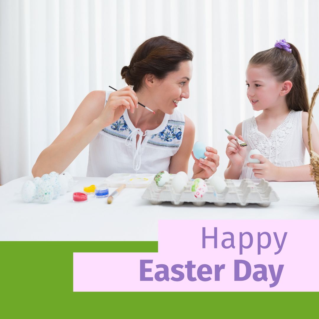 Mother and Daughter Joyfully Decorating Easter Eggs Together