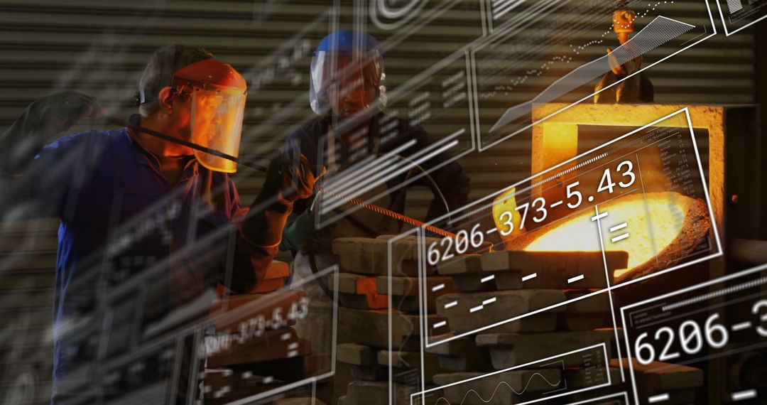 Foundry Team Pouring Molten Metal with Digital Overlays