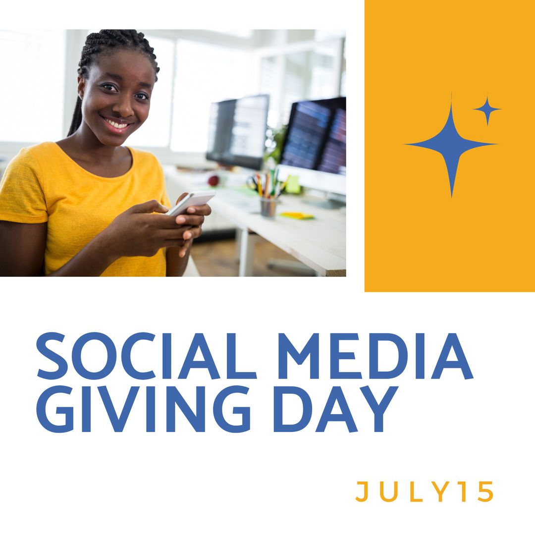 Happy African American Woman Promoting Social Media Giving Day Event - Download Free Stock Templates Pikwizard.com