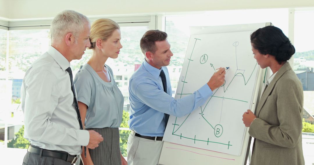 Diverse Business Professionals Collaborating on Whiteboard Strategy