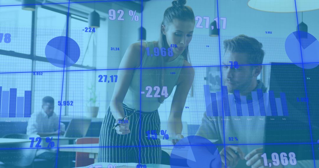 Business Team Analyzing Data with Digital Interface Overlay