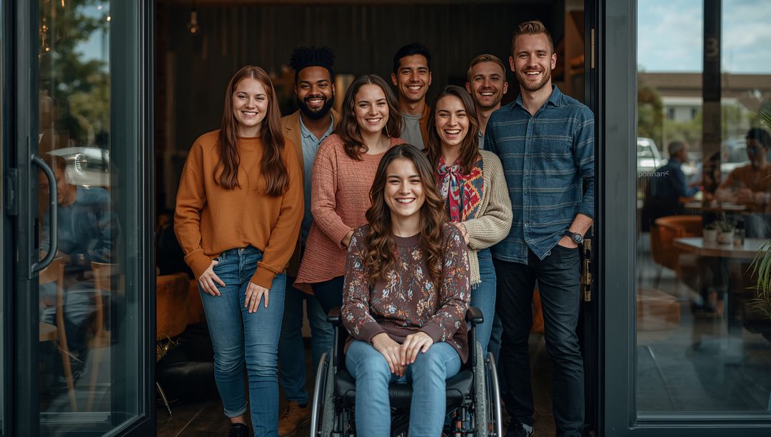 Diverse Team Smiling at Modern Office Entrance with Wheelchair