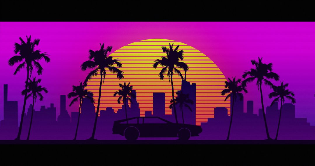 Retro Futuristic Cityscape with Palm Trees and Car