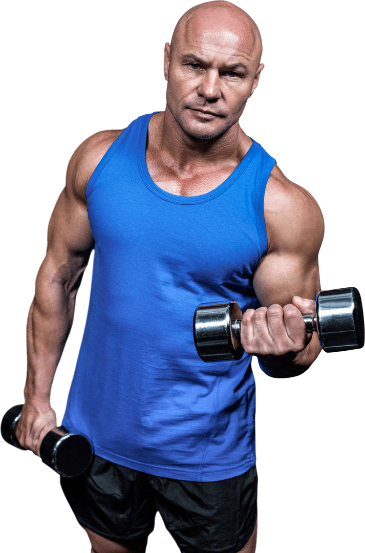 Muscular Man in Blue Tank Top Exercising with Dumbbells Transparent