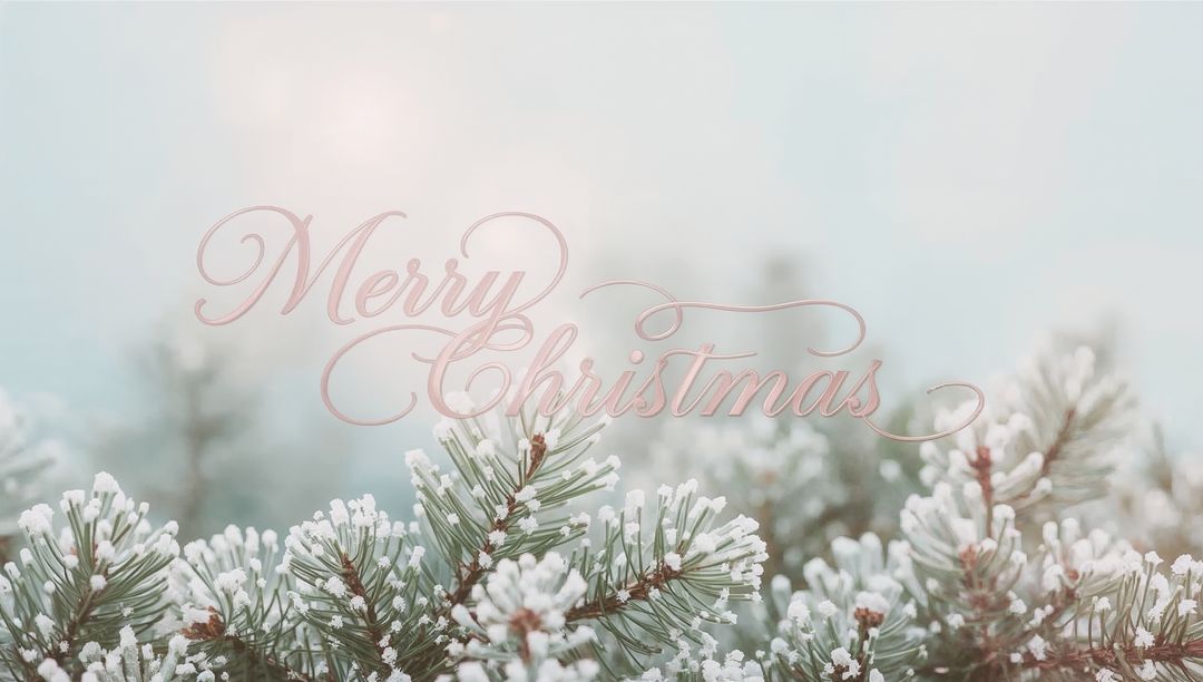 Frosted pine branches sparkling with soft Merry Christmas script and pastel bokeh