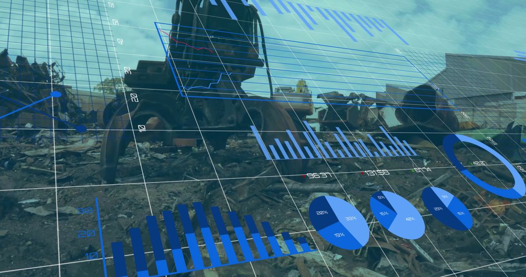 Futuristic Data Analytics Over Industrial Machinery in Scrapyard Scene