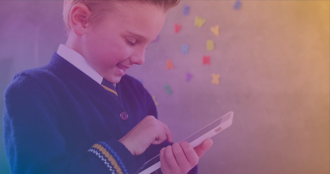 Boy in School Uniform Using Tablet with Colorful Letters Background