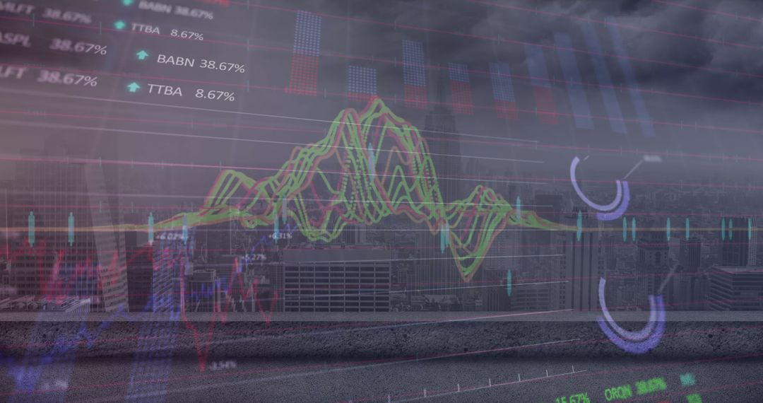 Digital Stock Data Over City Landscape Illustrating Global Economy