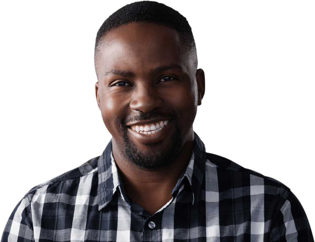 Smiling African American Man in Checkered Shirt on Transparent Background