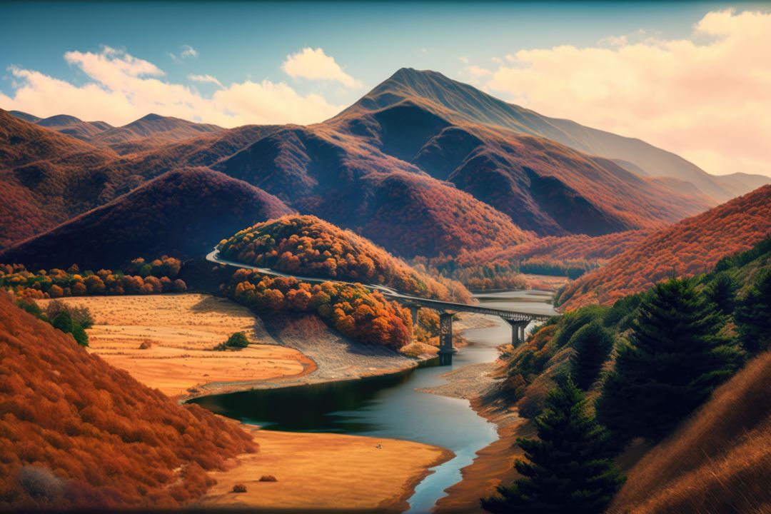 Autumn Mountains with River and Bridge Scenery - Free Images, Stock Photos and Pictures on Pikwizard.com