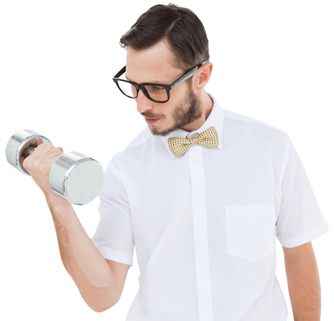 Transparent Geeky Professional with Dumbbell in Office Attire