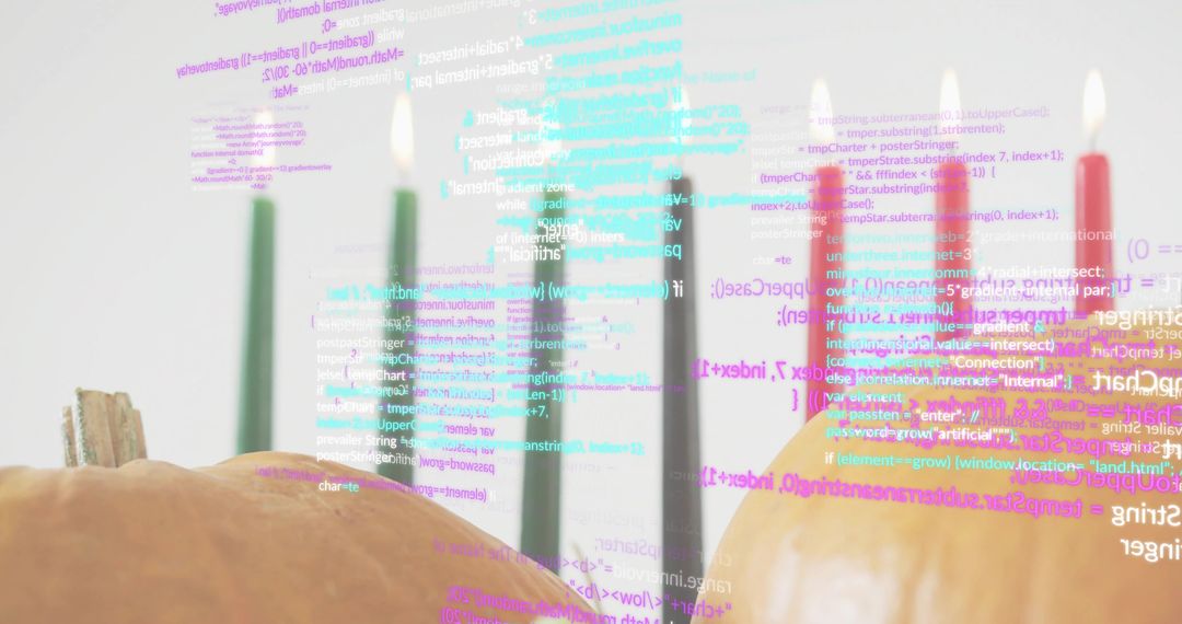 Pumpkins with Lit Candles and Floating Code Overlay Conveying Cozy Tech and Autumn Mood
